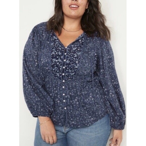 Old Navy Women's Plus Size 4X Blue Mixed Print Long Sleeve Peasant Top Bohemian - Picture 2 of 14